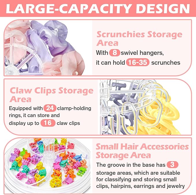 Claw Clip Organizer and Scrunchies Holder Stand, Acrylic Claw Clip Holder Organizer for Women and Girls, Double-Layer, 360-Degree Rotating