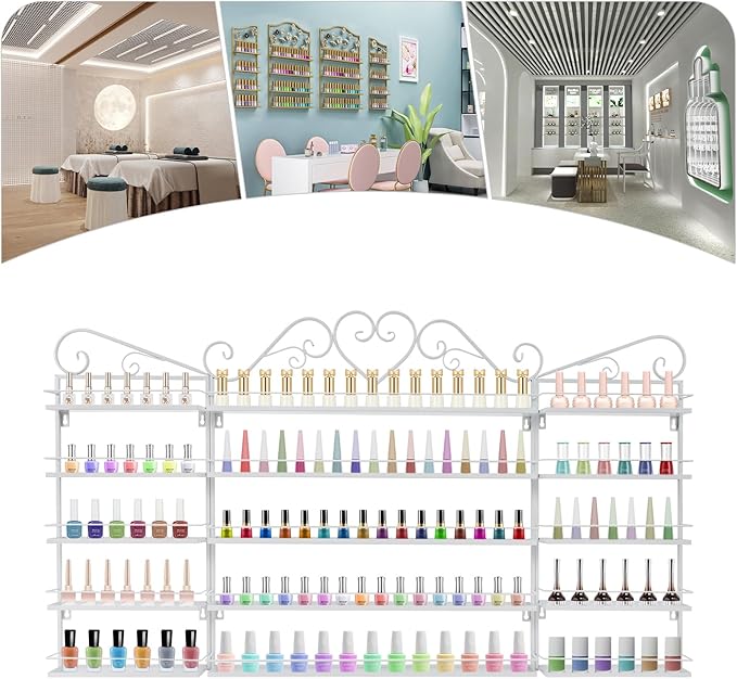 Metal Wall-Mounted Nail Polish Storage Racks,5 Tiers Nail Polish Organizer Wall,Cosmetic Display Perfume Holder Lipstick Wall Shelf for Nail Salon Shop Home (White,3PCS)