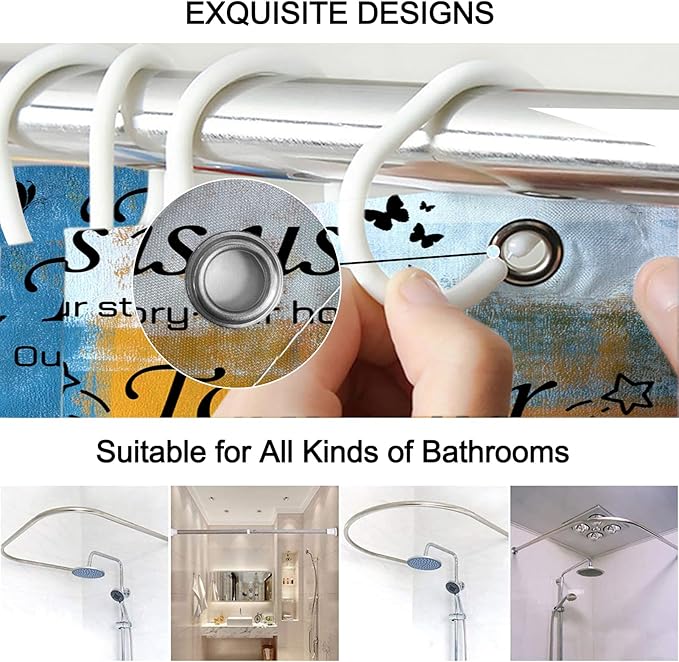 Lnond 4Pcs Bathroom Shower Curtain Sets with Rugs, Orange Blue Motivational Home Family Bathroom Sets with Shower Curtain and Rugs and Accessories