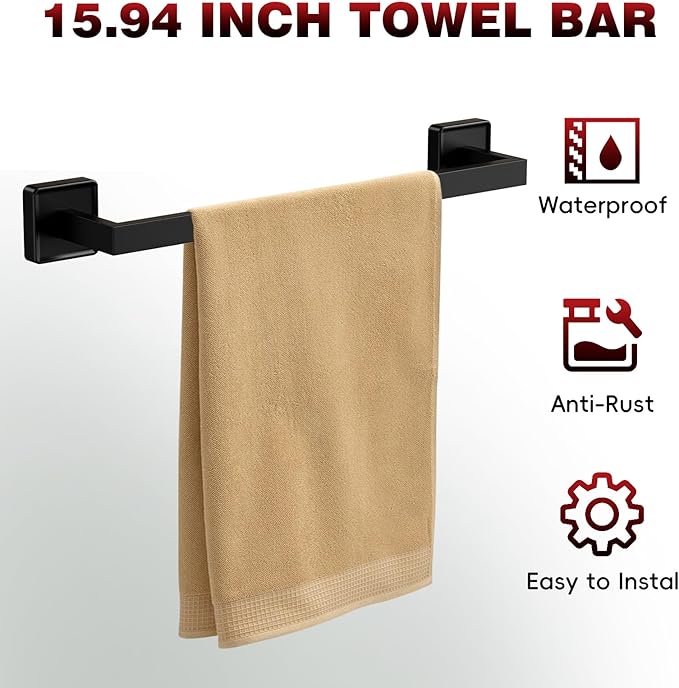 SHUNLI 5-Pieces Matte Black Bathroom Hardware Accessories Set, SUS304 Stainless Steel Towel Bar, Toilet Paper Holder, Bathroom Towel Holder with Wall Mounted