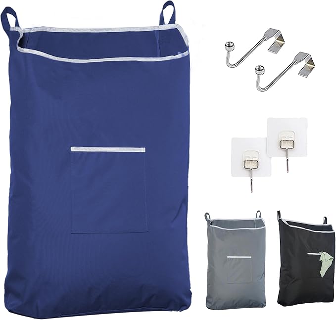 Fine Living Co. Large Hanging Laundry Hamper with Over Door Hooks & Adhesive, Durable Space Saving Laundry Bag with Zipper and Wide Open Top, Hanging Dorm Laundry Hamper (Navy Blue-XL)