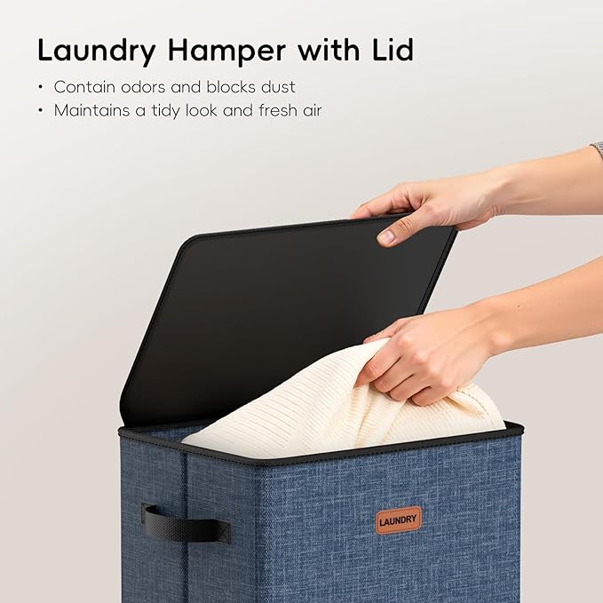 100L Laundry Hamper with Lid, Large Clothes Hampers with Removable Bag, Collapsible Laundry Basket for Bathroom, Bedroom, Laundry Room, Dorm, Navy Blue