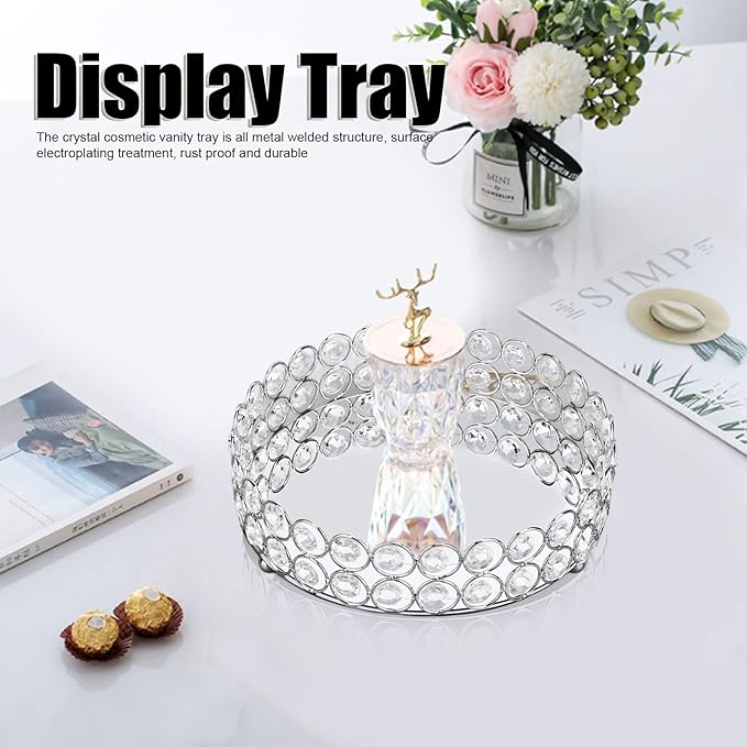 Crystal Cosmetic Makeup Tray 8in Round Display Tray Mirrored Metal Welded Structure for Food Perfume Jewelry Wine(Silver 20cm)