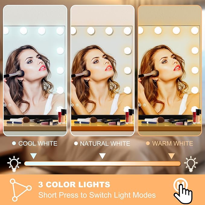 Moonee Black Vanity Mirror with Lights, Hollywood Lighted Makeup Mirror with 15 Dimmable Bulbs and 10X Magnification, 3 Colors Modes, Aluminum Metal Frame, Light Up Mirror for Tabletop/Wall（23" x 18"）