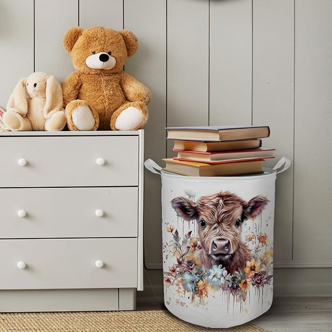 Cow Laundry Basket, Farmhouse Floral Cow Waterproof Collapsible Laundry Hamper Dirty Clothes Storage Toy Bin Organizer for Bathroom Bedroom Nursery Girls Kids Room
