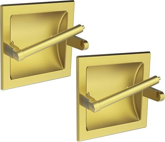 Recessed Toilet Paper Holder 2 Pack Gold， in Wall Toilet Paper Holder Pivoting，Wall Mount Toilet Paper Roll Holder, Bathroom Shallow Gold Stainless Steel Tissue Holder