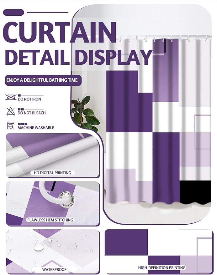 Lnond Purple Bathroom Set, 22-Piece Purple Geometic Bathroom Decor Set with with Shower Curtain and Rugs, Trash Can, Toilet Brush Holder Set & Soap Dispenser