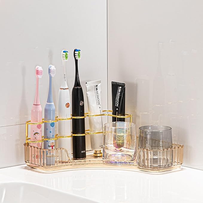Makeup Organizer for Vanity Corner Storage Shelf for Bathroom Countertop Skincare Organizer with Makeup Brush Holder (Amber)