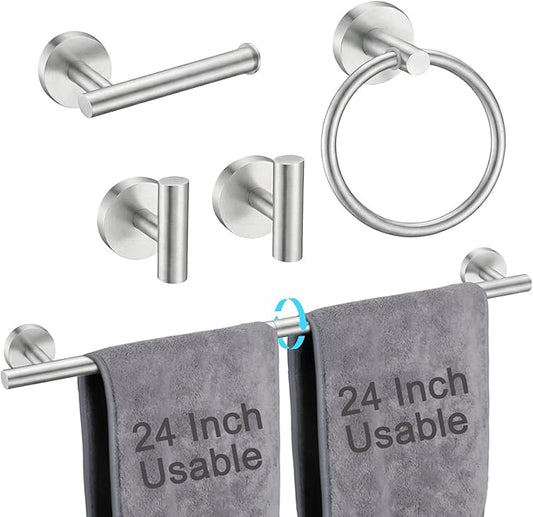 24 Inch Usable Towel Bar, 5-Piece Brushed Nickel Bathroom Accessories, SUS304 Stainless Steel Towel Ring Holder, Toilet Paper Holder with 2 Hooks, Wall Mounted Modern Bathroom Hardware Set
