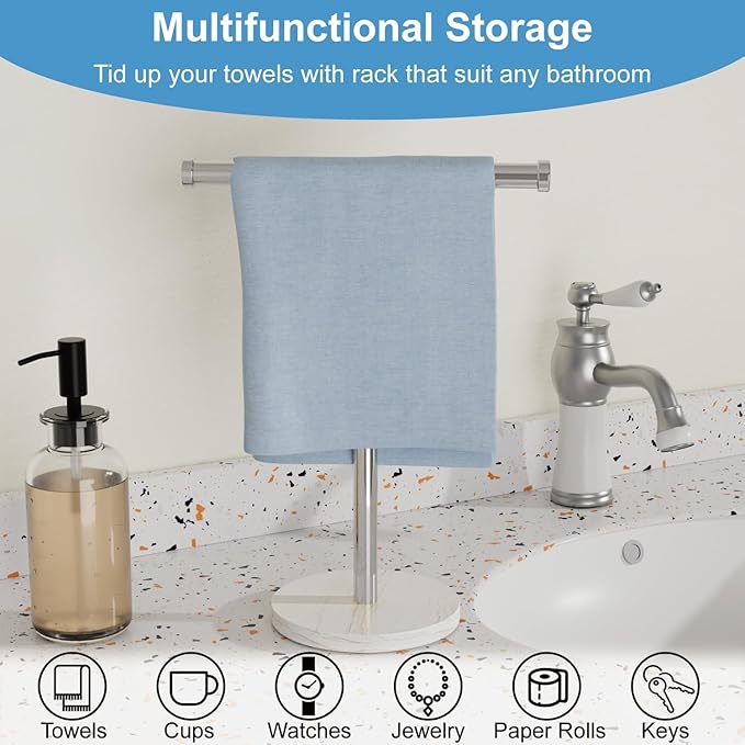 Hand Towel Holder, T-Shape Freestanding Towel Stand with Heavy Marble Base, Stainless Steel Hand Towel Rack for Bathroom Vanity, Kitchen Countertop, Brushed Nickel