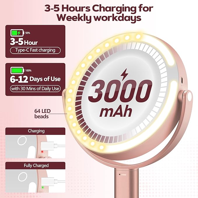 MOMOKUBA Makeup Mirror with Lights, 30X Magnifying & Height Adjustable, Lighted Magnifying Mirror with 3 Light Modes & Stepless Dimming, Vanity Mirrors for Bathroom, Birthday Gift for Women, Rosegold