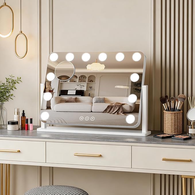 Vanity Mirror with Lights, 18"×14" Hollywood Makeup Mirror with 12 Dimmable Bulbs, 3-Color Lighting, Dimmable, 360° Rotation, 10x Magnification, Desk Mirror, Bedroom (White)