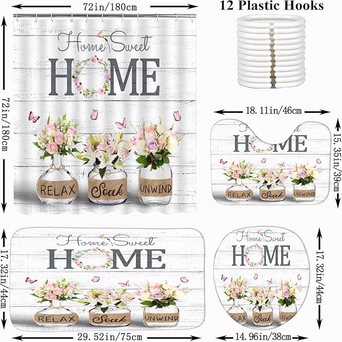 ALEXEX 4 PCS Pink Roses and Lilies Shower Curtain Sets,Home Sweet Bathroom Set with Shower Curtain and Rugs and Accessories,Farmhouse Country Shower Curtain Bathroom Decor with 12 Hooks,72 X 72 Inches
