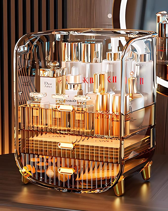 Makeup Organizer, Large Capacity Cosmetics Makeup Organizer for Vanity, Dustproof Waterproof Cosmetics Display Case with Drawers for Skincare, Lipstick, Brushes and Jewelry (Hermes Orange)