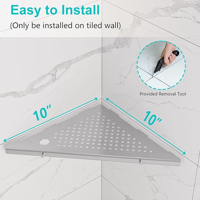 Qeke 10" Bathroom Corner Shelf, 2 Pack Recessed Shower Shelf Caddy, SUS304 Stainless Steel Shelf Wall Mount Triangular, No Drilling Brushed Nickel