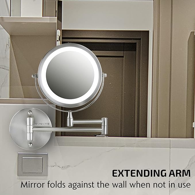 OVENTE Wall Mounted Lighted Makeup Mirror, 7" Double Sided 1X/7X Magnifying Vanity Mirror for Bathroom with LED Lights, Cordless, 360° Rotation and 13" Extendable Arm, Nickel Brushed MFW70BR1X7X