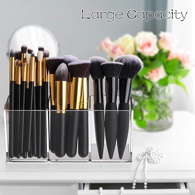 Tbestmax Makeup Brush Holder Organizer Clear Cosmetic Brushes Container Storage 3 Slots - Great for Vanity