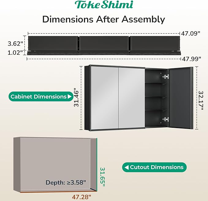 TokeShimi 48 x 32 Medicine Cabinet Recessed, Assembly Required, Lagre Medicine Cabinet Bathroom Mirror with Storage, Stepless Adjustable Shelves, Beveled Aluminum Frame, Tempered Glass