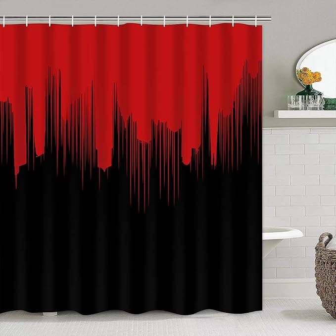 Yddsky 4 Pcs Red and Black Shower Curtain Sets Non-Slip Rugs Bath Mat Toilet Cover, U-Shaped Mat, Gradient Shower Curtain with 12 Hooks, Black and Red Bathroom Set