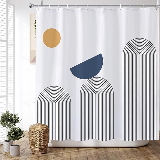Boho Shower Curtain Mid Century Modern Shower Curtains For Bathroom Black and White Striped Minimalist Abstract Geometric Bohemian Shower Curtain Set Waterproof Fabric Bathroom Curtain 72x72 Inches
