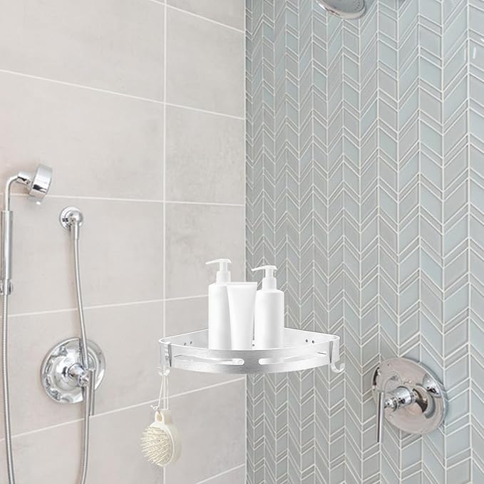 SEWACC Punch-Free Space Aluminum Triangle Wall-Mounted Storage Rack with Hooks, Double-Layer Bathroom Shelf for Hotel and Home Organization