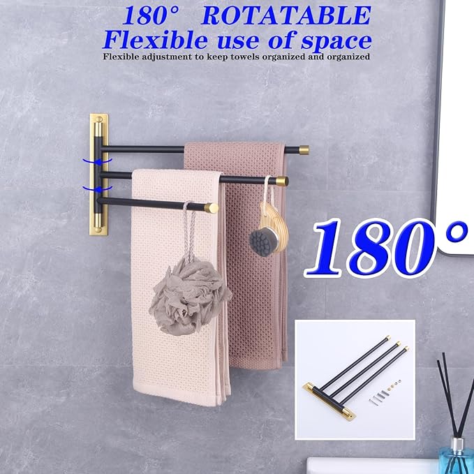 GERZWY SUS 304 Stainless Steel Bathroom Hand Towel Rack 3-Bar Folding Arm Swivel Hanger Bath Towel Holder Swing Out Towel Bar Wall Mount (Black & Gold) HYG03-BD