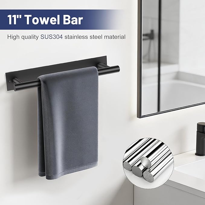 Lairuier 4-Piece Bathroom Hardware Set, Matte Black Towel Holder Set Include Adhesive or Screw Towel Bar, Toilet Paper Holder and 2 Towel Hooks, Stainless Steel Wall Mounted Bathroom Accessories