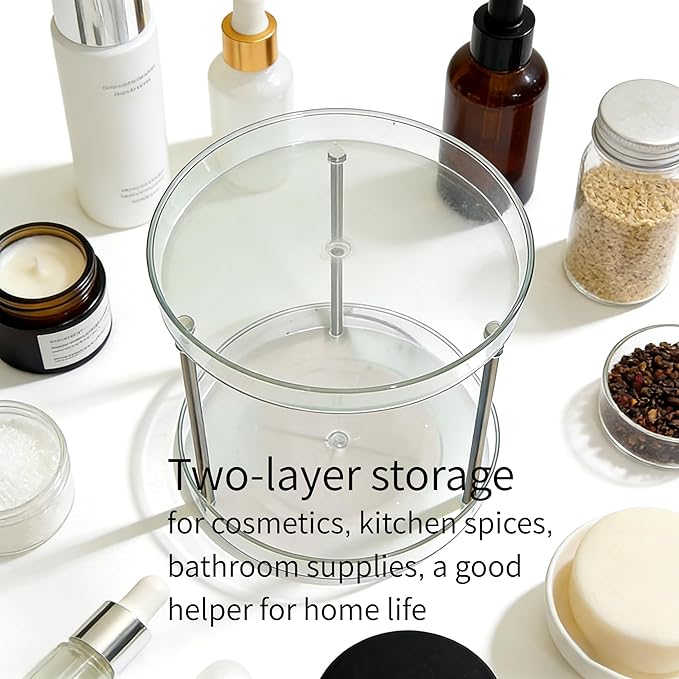 Clear Resin Cosmetic Two Tier Organizer Lazy Susan Organizer, Large Capacity Kitchen Spice Skin Care Perfume Display for Kitchen Bathroom Vanities