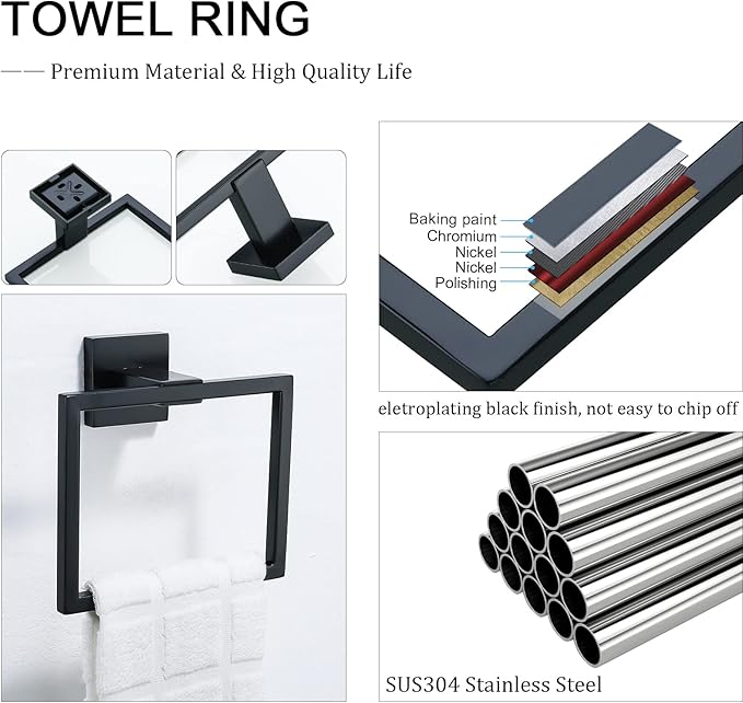 TNOMS Black Towel Ring Modern Square Hand Towel Bar,Towel Holder for Bathroom,Wall Mount Stainless Steel