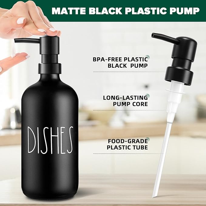 VIMERPA Dish Soap Dispenser, Matte Black Soap Dispenser for Kitchen, Glass Dishes Soap Dispenser with Plastic Pump, 17 Fl Oz Refillable Liquid Soap Bottle Container, Farmhouse Kitchen Decor