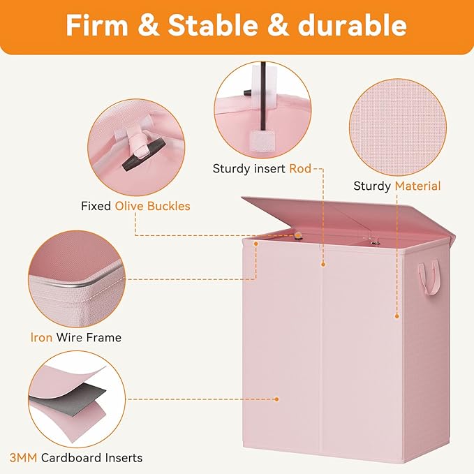 Chrislley 140L Laundry Hamper 2 Section, Double Laundry Basket with Lid, Large Dirty Clothes Hamper with Removable Liner Bags, Collapsible Laundry Organizer for Bedroom, Dorm,Pink