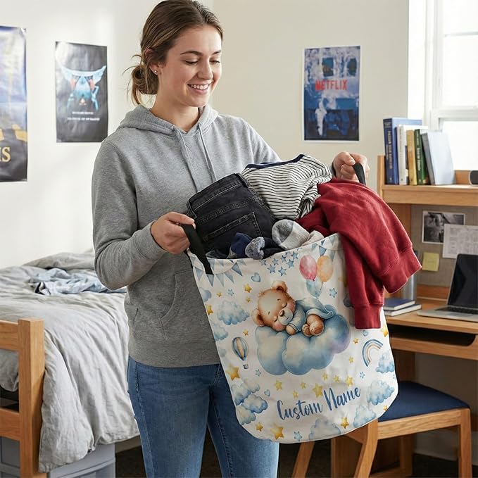 Personalized Bear Laundry Baskets,Custom Bear Gifts for Kids Boys Girls Adults Room,Collapsible Clothes Storage Organizer,16.5 X 13.8in