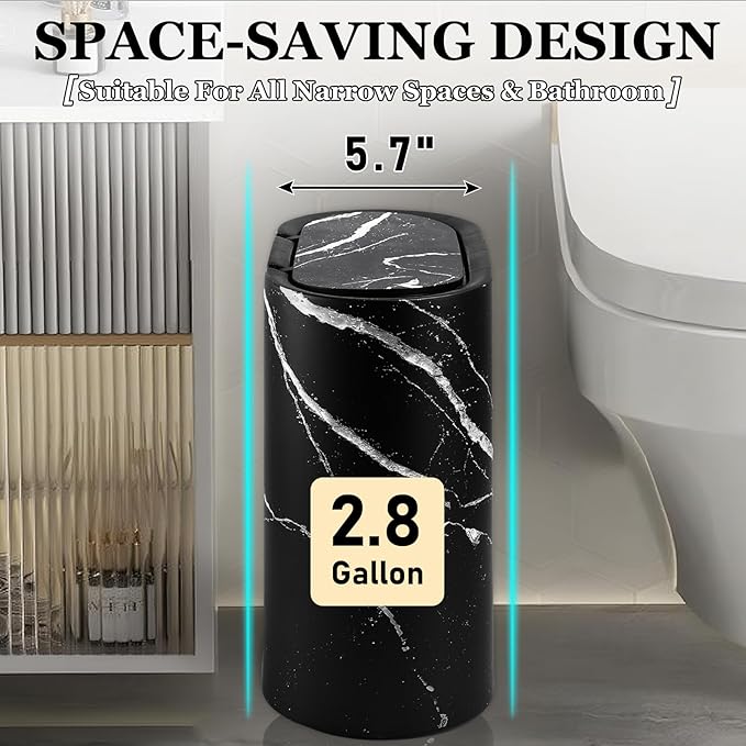 Bathroom Accessories Set, 9-Piece Marble Black Bathroom Set, Black Bathroom Accessories with Slim Trash Can, Soap Dispenser, Toilet Brush, Toothbrush Set, Qtip Holders