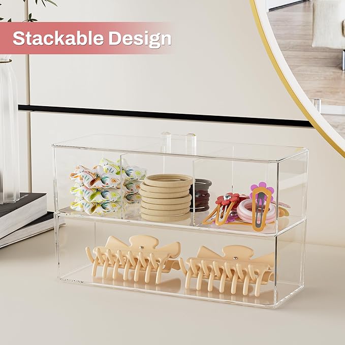 Hair Accessories Organizer for Girls, Clear Hair Bow Tie Clip Scrunchie Holder Organizer with Removable Divider, Cute Small Stackable Storage Drawer Container Caddy Box, Women Vanity Accessories, 2Pcs