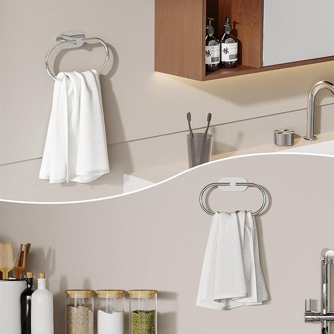 Adhesive Towel Holder for Bathroom Polished Chrome No Drill Hand Towel Ring Stainless Steel and Zinc Alloy Self Adhesive Towel Hanger for Bath, Kitchen