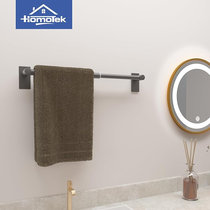 Adhesive Adjustable Towel Bar, Self Stick Bathroom Towel Holders, HOMOTEK Bathroom Rod Size from 14 Inch to 24.5 Inch Single Hanger for Kitchen(Thickened 1 Pack Matte Black)