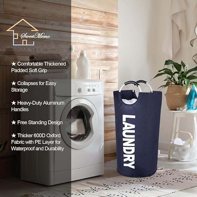Large Laundry Basket Collapsible 95L, Tall Laundry Bag with Handles for Boys, Student, ?€? Fioldable Dirty Clothes Hampers for College Dorm???Laundry Room, Lightweight, Sturdy - Navy Blue