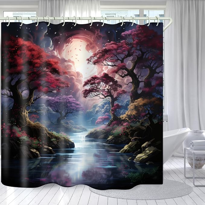 Shower Curtains, with Forest and River Themed Bright Colors, Brings A Unique Artistic Atmosphere to The Bathroom. The 72x79 Inch Fabric Shower Curtain Comes with 12 Hooks.