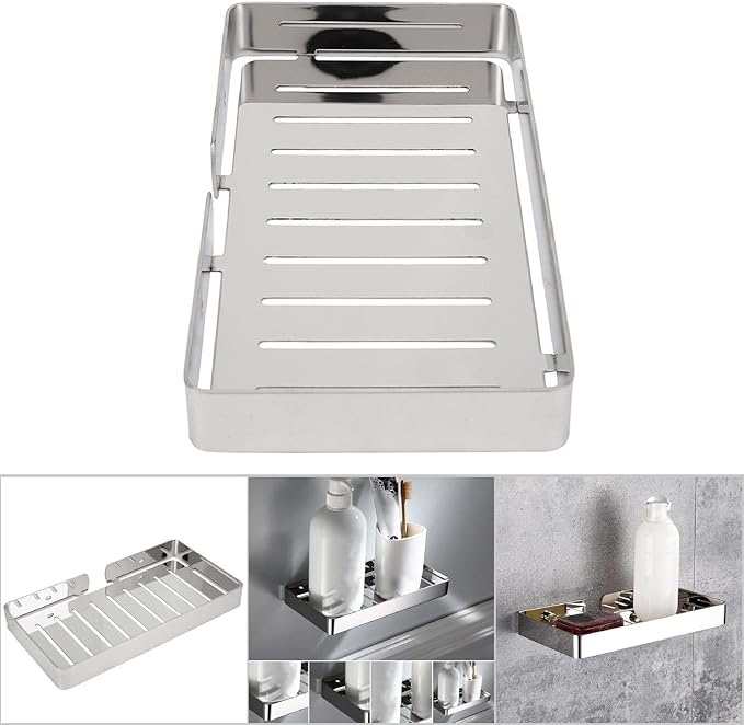 YWBL-WH Rack Wall Mount Stainless Steel Bathroom Shelf Organizer with Drain Rack 23x12cm for Shampoo Dispenser Kitchen Storage (Silver)