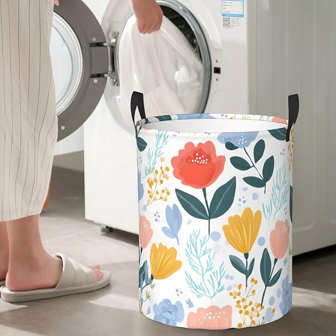 Floral Laundry Hamper, Collapsible Storage Basket with Handles for Clothes, Bedroom, Bathroom 19.6 x15.7 Inch