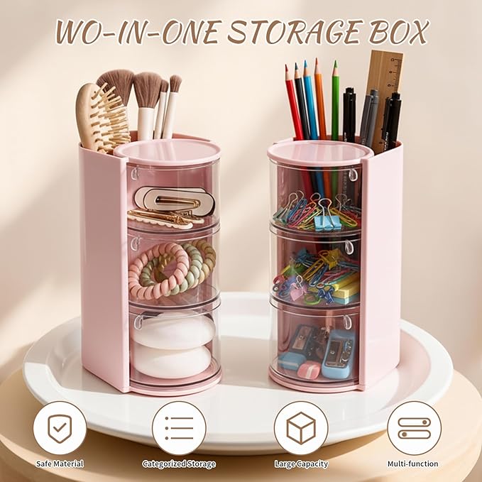 Rotating Makeup Organizer with Brush Holder & Hair Clip, 3-Tier Spinning Cosmetic Storage Case for Women, Large Capacity Toiletry Bag for Travel, Pink