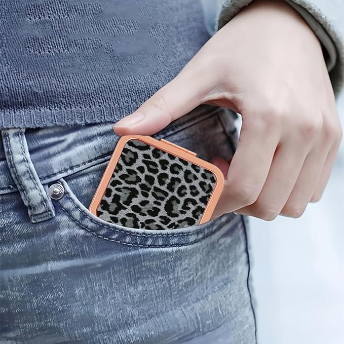 Cheetah Leopard Black Print Foldable Travel Pocket Mirror Square Metal Portable Mini Makeup Double Sided Handheld Magnifying, 2.8 in