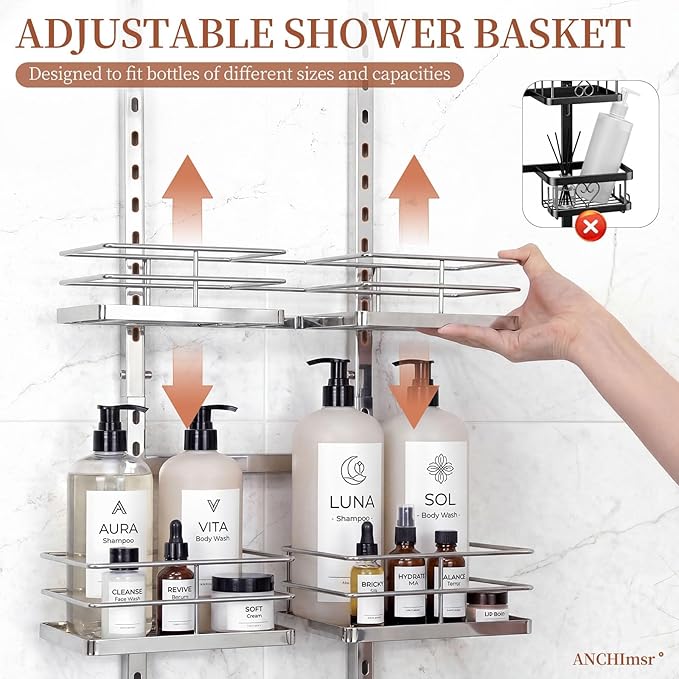 Adjustable Hanging Shower Caddy for Handheld Showerhead, 3-Tier Rustproof Shower Rack Baskets, Anti-Swing Hanging Shower Organizer for Bathroom Storage with 2 S-Hooks, Large Capacity, Silver