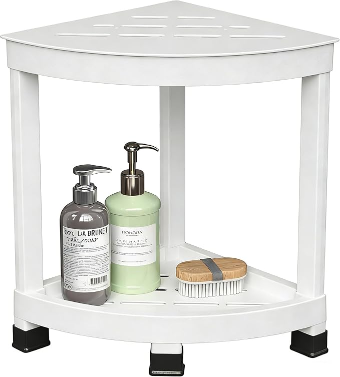 GallopFun Corner Shower Stool for Inside Shower, Waterproof Shower Bench for Shaving Legs, Plastic Anti-Fracture Shower Seat/Foot Rest with Baffle Storage Shelf, Rapid Assembly DIY Shelf (White)