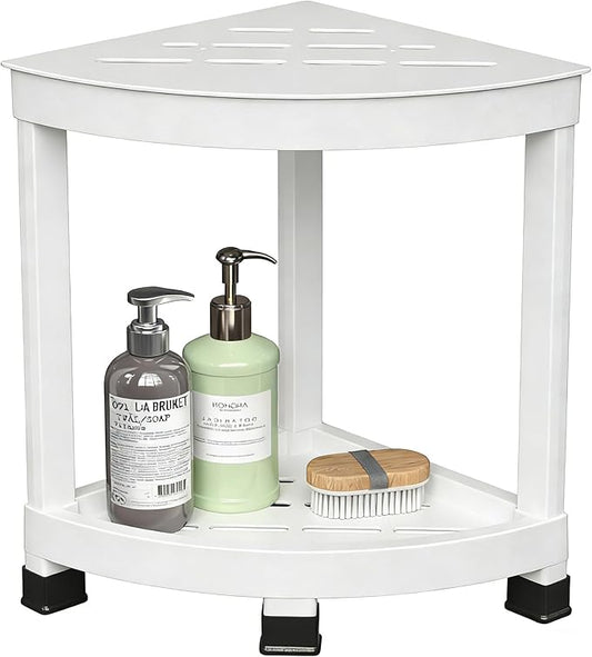 GallopFun Corner Shower Stool for Inside Shower, Waterproof Shower Bench for Shaving Legs, Plastic Anti-Fracture Shower Seat/Foot Rest with Baffle Storage Shelf, Rapid Assembly DIY Shelf (White)