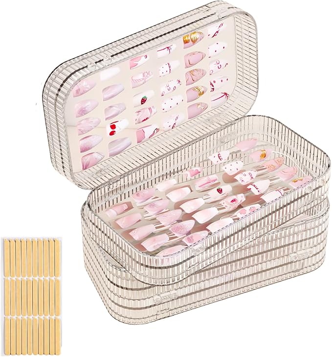 Large Tri-Fold Press On Nail Organizer Case - 4-Page Portable Storage Box for Fake Nails, Clear PET Plastic Travel Holder (6??3.2??1.8 inch) Texture