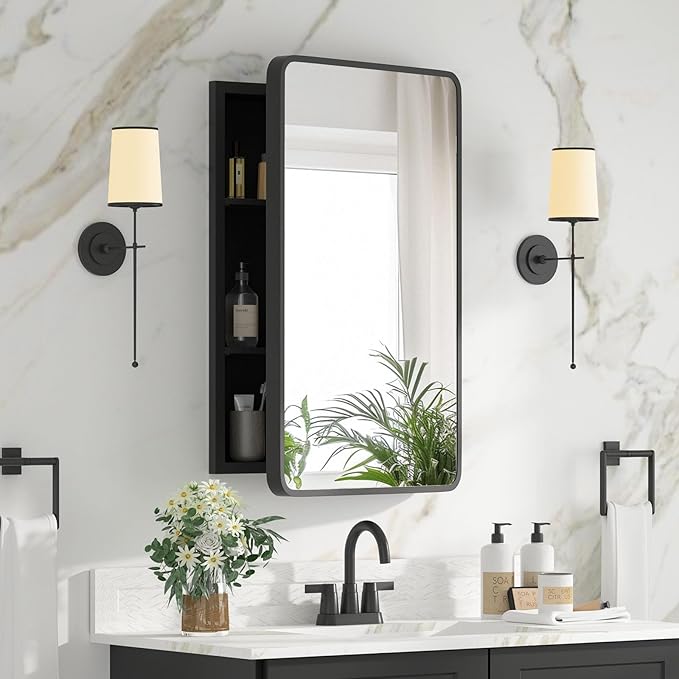 Bathroom Medicine Cabinet with Mirror 16 x 24 Inch, Black Medicine Cabinet Recessed or Surface Wall-Mounted, Mirrored Cabinets with 2 Adjustable Shelves for Bathroom Vanity