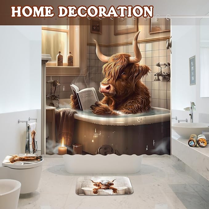 FuWeave 8 Pcs Highland Cattle Shower Curtain Sets for Bathroom Funny Highland Cattle Shower Curtain Sets with Rugs and Cow Towels, Include Non-Slip Rug, Toilet Lid Cover, Bath Mat and 12 Hooks
