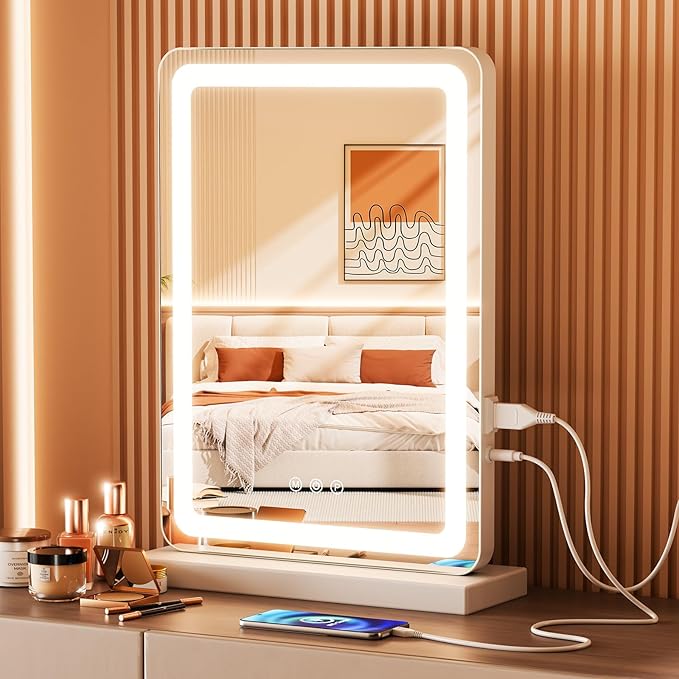 OLIXIS 17"x13" Lighted Vanity Mirror with Lights, Dimmable 3 Color Modes Makeup Mirror with Memory Function, USB Charging, Aluminum Frame, Lighted Mirror for Desk or Bedroom