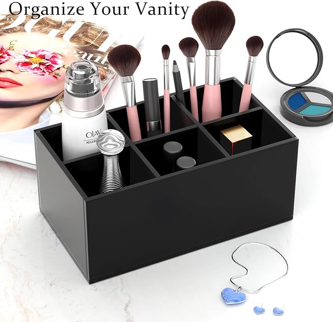 HIIMIEI Black Makeup Brush Holder Organizer Acrylic 6-Slots Cosmetic Brushes Storage Organizer for Vanity Countertop